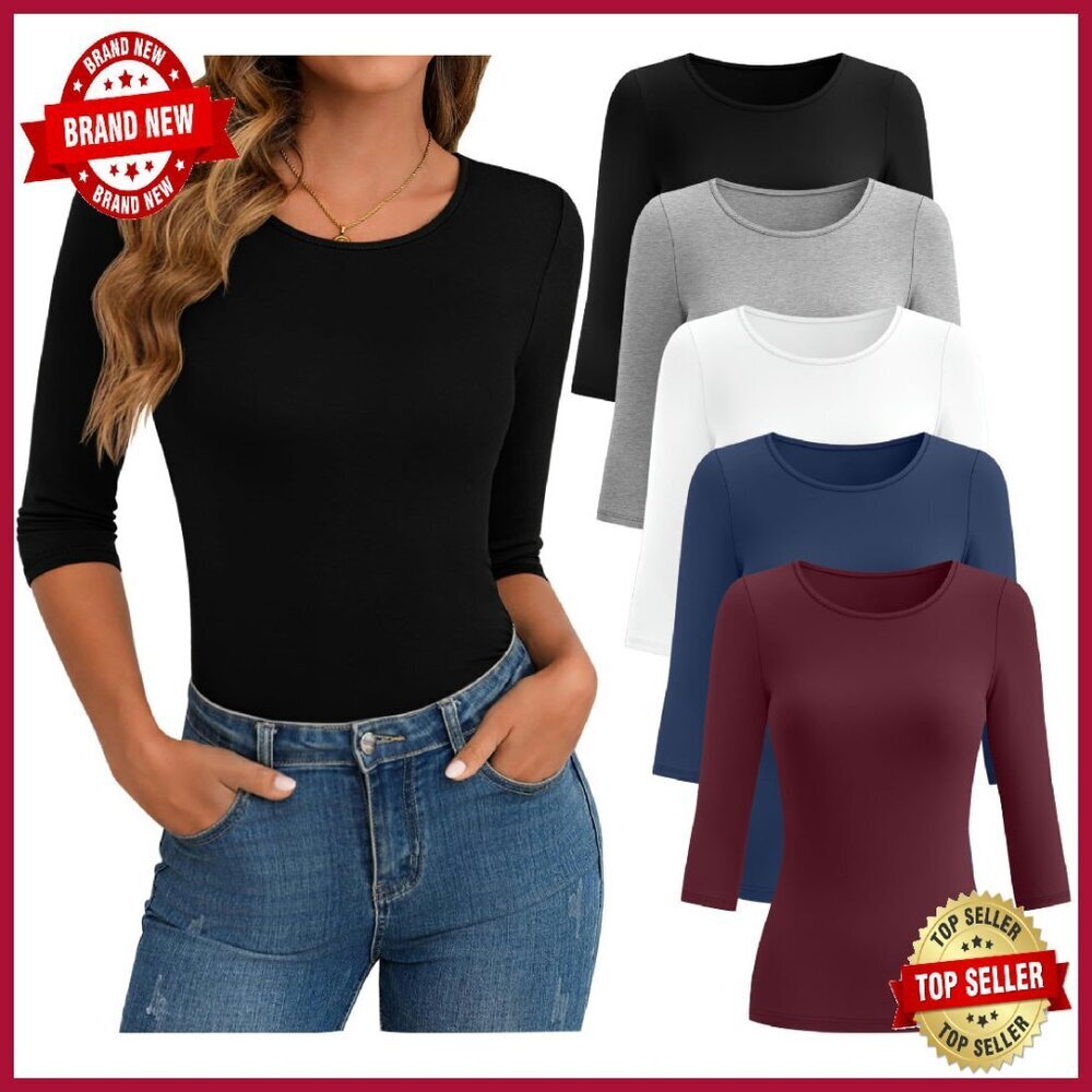 5 Pack Women's 3/4 Sleeve Cotton Tops Slim Fit Stretchy Tees Bulk